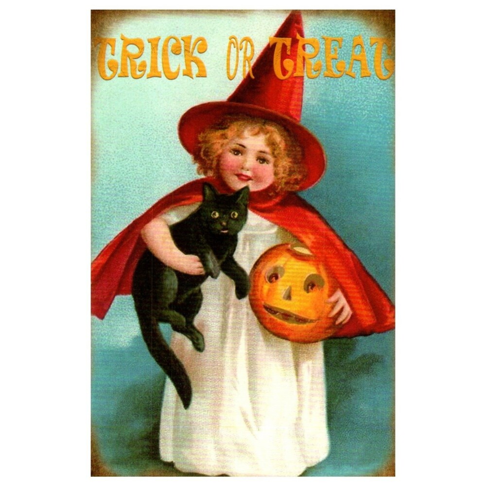 Halloween Postcard Child Witch Black Cat Jack-o'-Lantern Trick or Treat